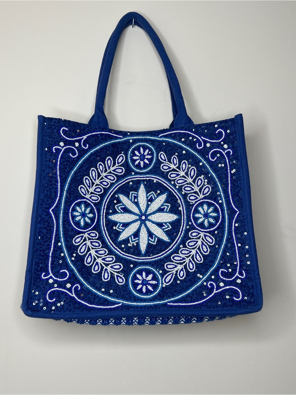 Embroidered Blue Tote Bag with Floral Medallion